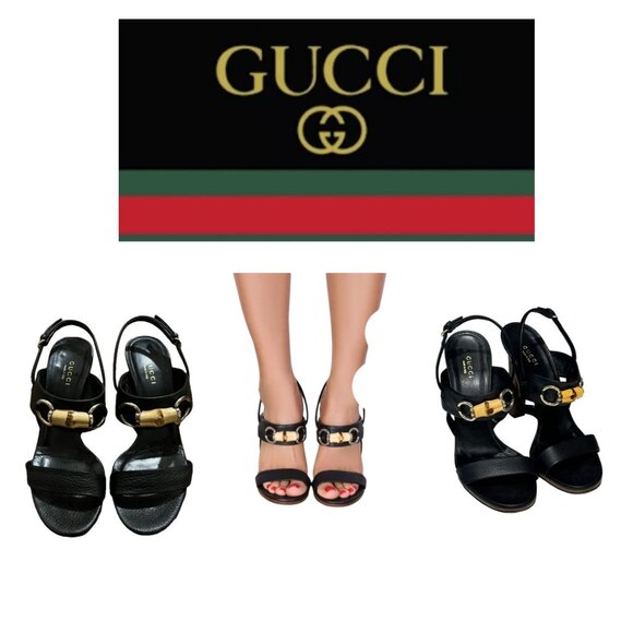 GUCCI Italy Black Textured Leather Bamboo Trim, Sandals, Heels, Shoes 39IT/9US - Picture 1 of 15